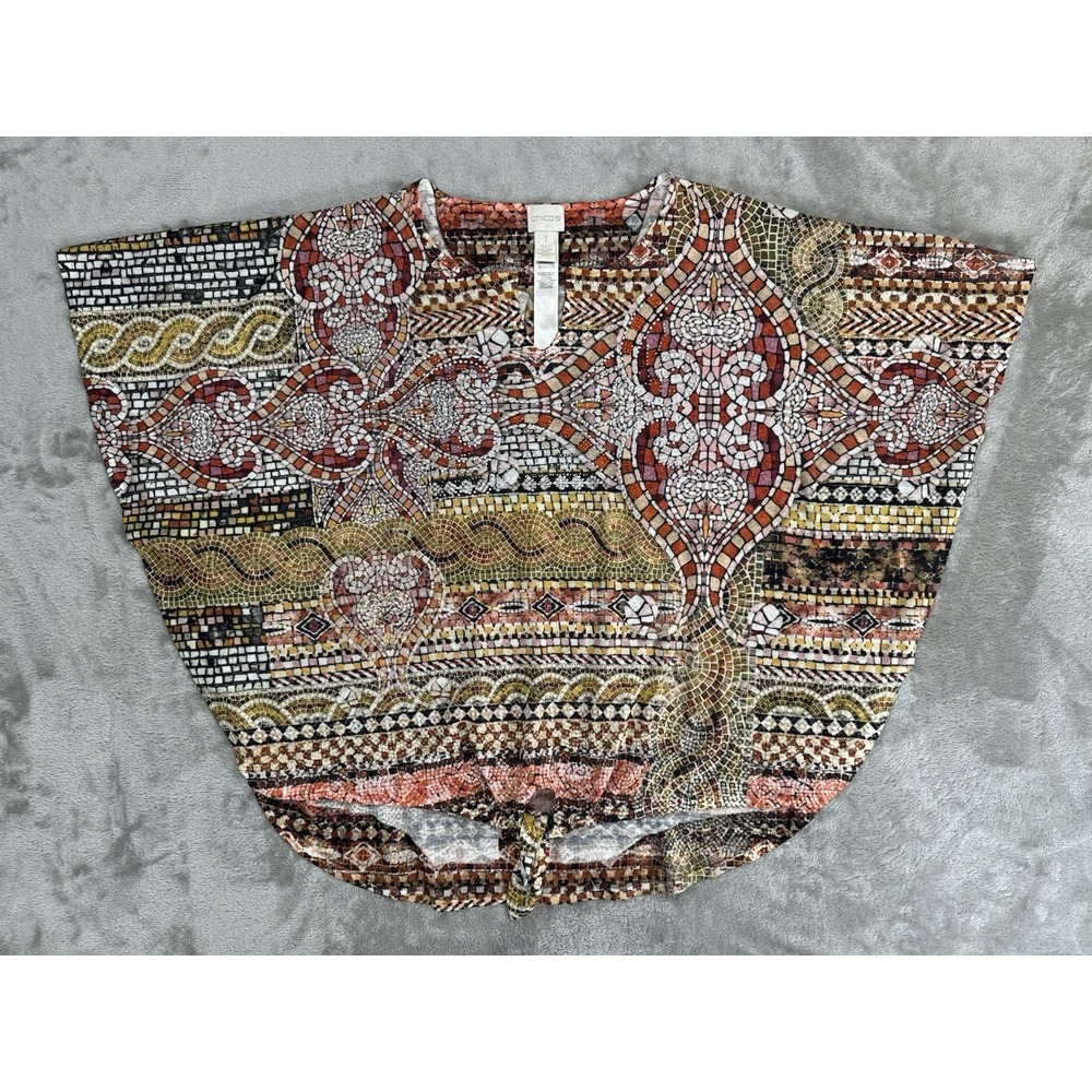 Chicos Shirt Womens 1 Mosaic Print Tie‎ Front Rhinestones Batwing Sleeves Boho